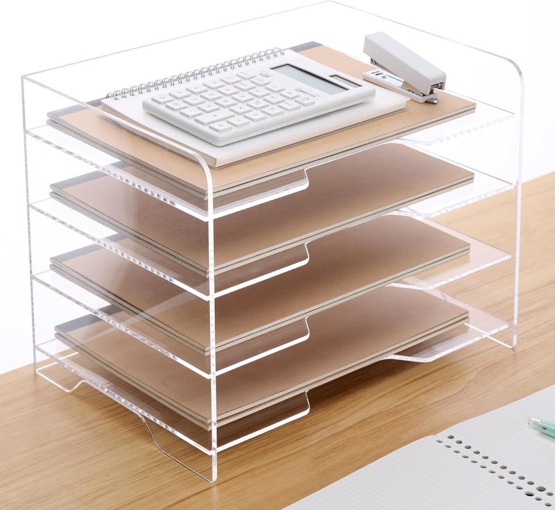 HeZone Acrylic Desk Organizer, 4 Tier Paper Tray, Clear Letter Tray, Office Accessories - Image 1